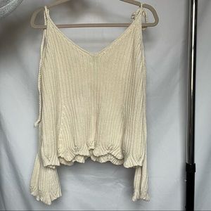 Scalloped Cream Sweater Tie Open Shoulders Boho
